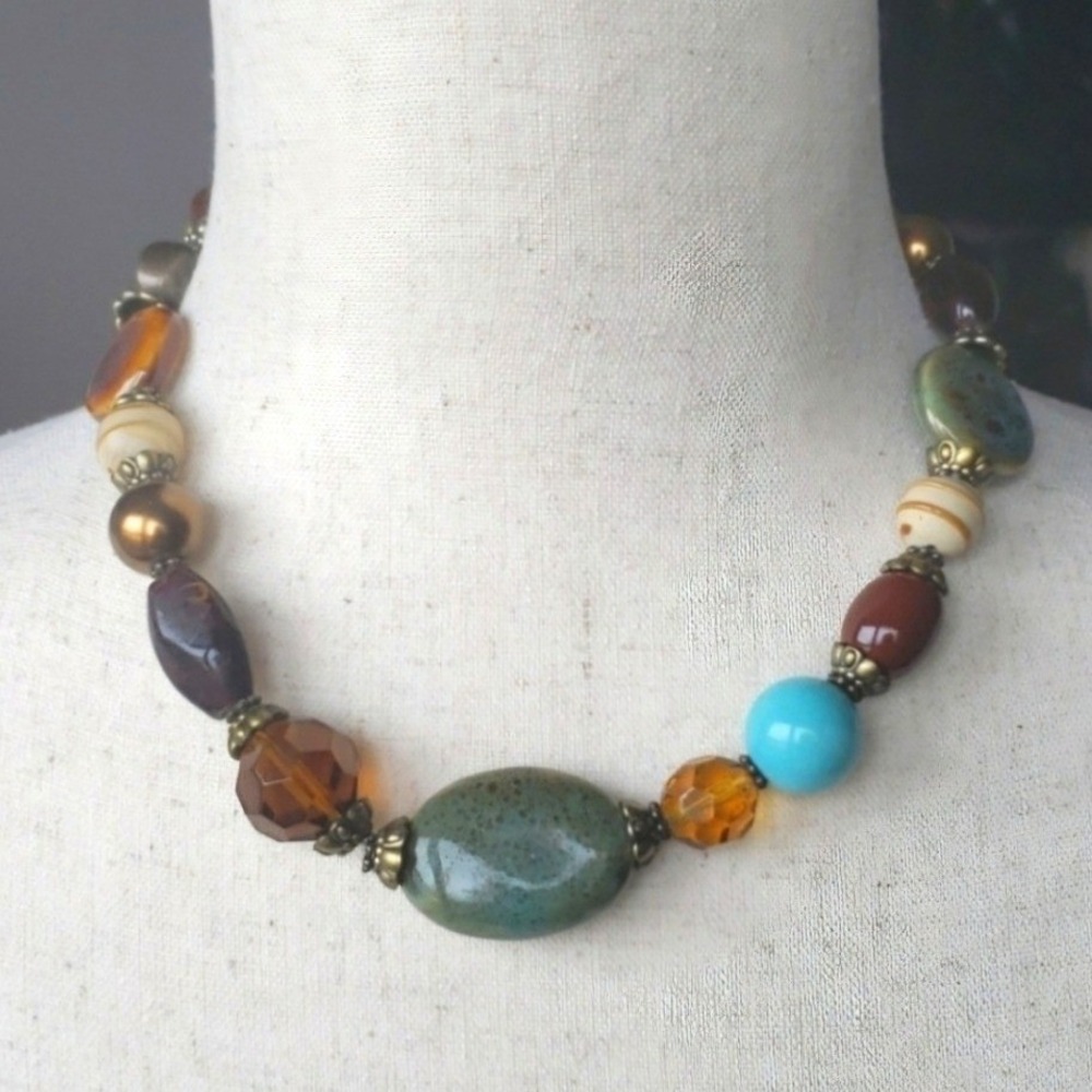 Chunky Mixed Bead Necklace Earth Tone Ceramic Glass Boho Statement Bronze Tone